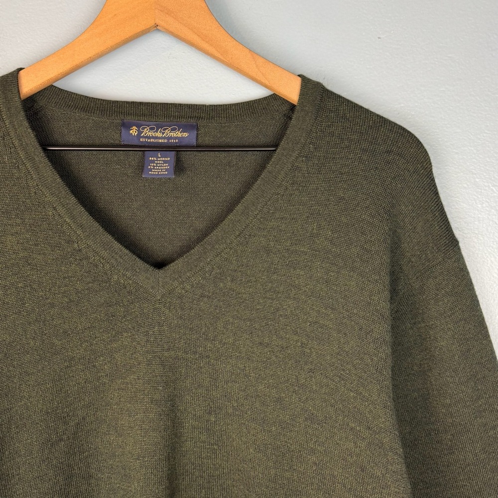 Brooks Brothers Mens Large Green Merino Wool Blend V-Neck Sweater Jumper Preppy
